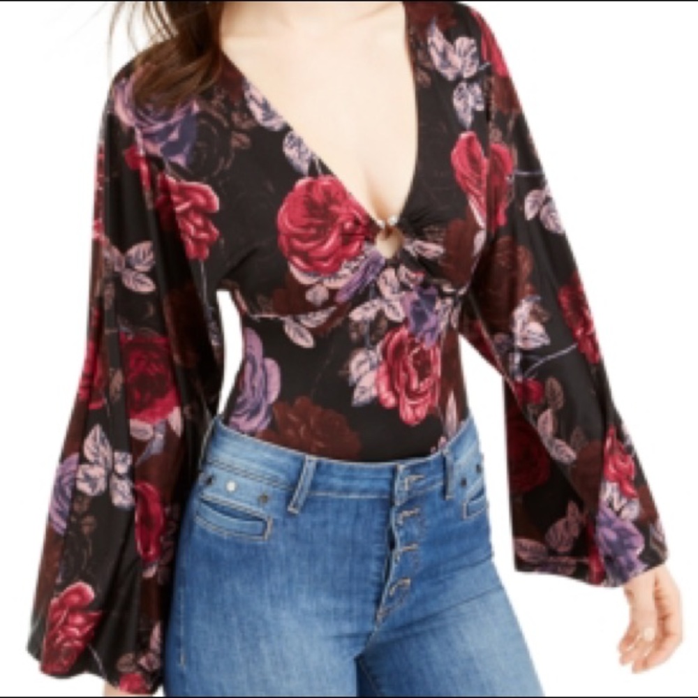 GUESS Women's Jazzi Kimono Sleeves Dawn Of Rose Print Black Bodysuit Size XS